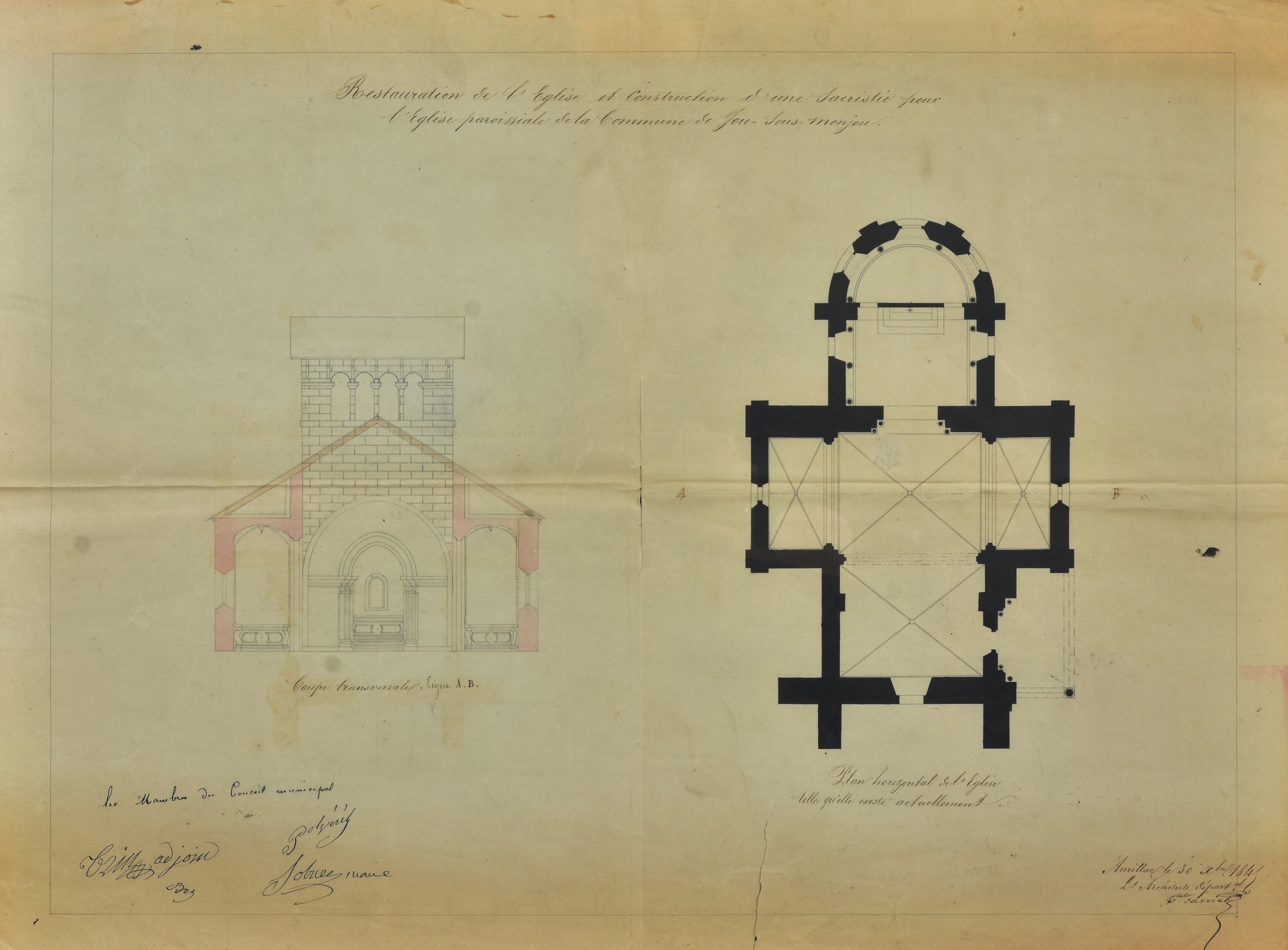 Plan et coupe de l'église originelle signé T. Carriat (1845)